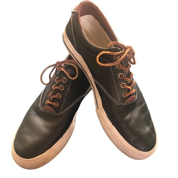 Polo By Ralph Lauren Vaughn 10D Black Brown Soft Leather Lace Up Preppy Sneaker - Picture 1 of 10